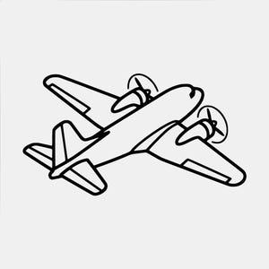 May include: A black and white line drawing of a twin-engine propeller airplane viewed from an elevated angle. The illustration features a simple outline of the fuselage, wings, tail section, and two circular propellers mounted on the wings.