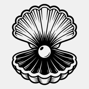 May include: A black and white graphic illustration of an open scallop shell with a single round pearl centered inside. The shell features detailed radiating ridges and a bold outline, creating a high-contrast design with clean lines.