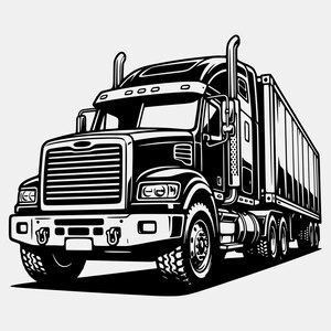 May include: A black and white graphic illustration of a semi-truck with a large trailer. The vehicle features a prominent front grille, dual exhaust stacks, and detailed tire treads. The design uses high-contrast lines to define the truck's body.