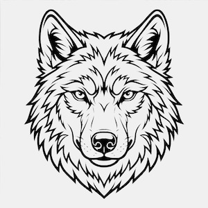 May include: A black and white graphic illustration of a wolf head facing forward. The design features bold, clean lines outlining the fur texture, pointed ears, sharp eyes, and a detailed snout, presented against a solid light grey background.
