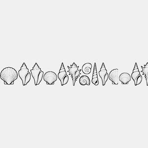 May include: A horizontal row of black and white line art illustrations featuring various seashell types, including fan-shaped scallops, elongated spiral shells, and intricate murex shells, arranged in a repeating pattern against a plain background.
