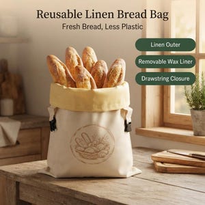 May include: A reusable linen bread bag with a removable wax liner and drawstring closure. The off-white bag features a circular graphic of bread in a basket. Text reads: Reusable Linen Bread Bag, Fresh Bread, Less Plastic, Linen Outer, Removable Wax Liner, Drawstring Closure.