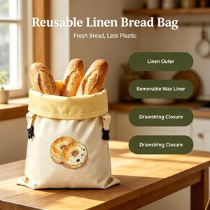 Customized patterns,Linen Bread Bag with Removable Beeswax Liner, Watercolor Bagel Print, Reusable Sourdough Bread Storage Bag 43×33cm