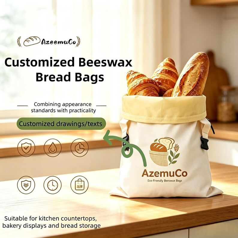 K&ouml;nnte beinhalten: Ein cremefarbener Bienenwachs-Brotbeutel mit gelbem oberen Rand, der das braune Logo 'AzeemuCo Eco-Friendly Beeswax Bags' und eine Grafik von Brot in einem Sack zeigt. Der Beutel ist mit zwei Croissants und einem Baguette gef&uuml;llt, mit Text.