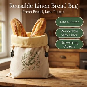 Customized patterns,Herb Botanical Linen Bread Bag, Removable Beeswax Liner Drawstring Sourdough Storage Sack, Zero Waste Farmhouse Eco