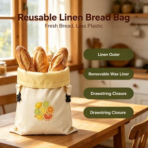 May include: A reusable linen bread bag with a drawstring closure, a removable wax liner, and a citrus fruit graphic. The bag contains three baguettes. Text on the image reads: Reusable Linen Bread Bag, Fresh Bread, Less Plastic, Linen Outer, Removable Wax Liner, Drawstring Closure.