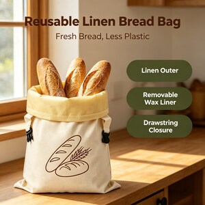 May include: A reusable linen bread bag with a cream-colored exterior featuring a brown line-art graphic of bread and wheat. The bag has a yellow interior, a removable wax liner, and a drawstring closure, shown holding three crusty bread loaves.