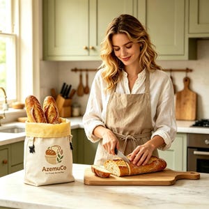 K&ouml;nnte beinhalten: Ein beigefarbener Brotbeutel aus Segeltuch mit gelbem Innenfutter und schwarzem Schnallenverschluss. Der Beutel zeigt ein aufgedrucktes Logo mit dem Text AzemuCo und einer Brotillustration. Zwei Baguettes sind im Beutel, eines liegt auf einem Brett.