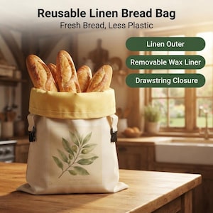 Individuelle Muster, doppelseitiger Brotbeutel aus Leinen mit Vintage-Olivenblattmuster, herausnehmbare Bienenwachs-Einlage, wiederverwendbarer Zero-Waste-Aufbewahrungsbeutel