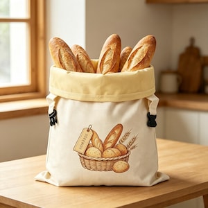 K&ouml;nnte beinhalten: Ein cremefarbener Stoffbeutel f&uuml;r Brot mit gelbem Innenfutter und schwarzen seitlichen Schnallen. Auf der Vorderseite befindet sich eine Illustration eines geflochtenen Korbs mit verschiedenen Broten, Weizen&auml;hren und einem Etikett mit dem Wort HOMEMADE.