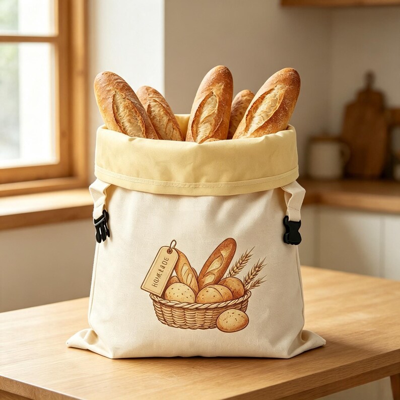 K&ouml;nnte beinhalten: Ein cremefarbener Stoffbeutel f&uuml;r Brot mit gelbem Innenfutter und schwarzen seitlichen Schnallen. Auf der Vorderseite befindet sich eine Illustration eines geflochtenen Korbs mit verschiedenen Broten, Weizen&auml;hren und einem Etikett mit dem Wort HOMEMADE.