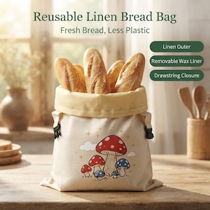 Individuelle Muster, niedlicher Brotbeutel aus Leinen mit Amanita-Pilzmotiv, herausnehmbarer Aufbewahrungsbeutel für Sauerteig mit Kordelzug und Bienenwachsfutter, Zero-Waste-Cottagecore