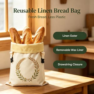May include: A reusable linen bread bag with a drawstring closure, a removable wax liner, and a wheat wreath graphic. The text reads Reusable Linen Bread Bag and Fresh Bread, Less Plastic, with labels for Linen Outer, Removable Wax Liner, and Drawstring Closure.