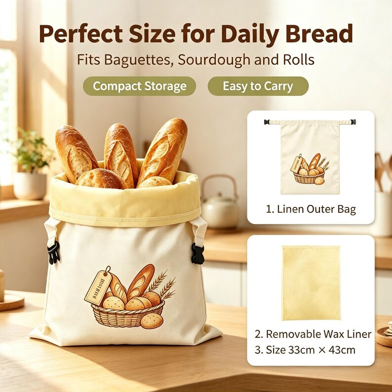 K&ouml;nnte beinhalten: Ein cremefarbener Brotbeutel mit herausnehmbarem gelbem Inlay, verziert mit einer Grafik aus Brotkorb und Weizen. Der Beutel hat schwarze seitliche Schnallen und den Text: Perfect Size for Daily Bread, Fits Baguettes, Sourdough and Rolls.