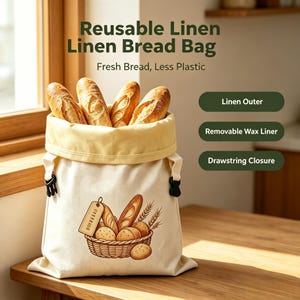May include: A reusable linen bread bag with a removable wax liner and drawstring closure. The off-white bag features a graphic of a basket of bread and the text: Reusable Linen Linen Bread Bag, Fresh Bread, Less Plastic, Linen Outer, Removable Wax Liner, Drawstring Closure.