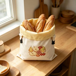 K&ouml;nnte beinhalten: Ein cremefarbener Stoffbeutel f&uuml;r Brot mit hellgelbem Innenfutter und schwarzen seitlichen Schnallen. Die Vorderseite des Beutels zeigt eine aufgedruckte Illustration verschiedener Fr&uuml;chte, darunter eine Birne, Apfelscheiben, ein Granatapfel und Beeren, gef&uuml;llt mit drei Baguettes.