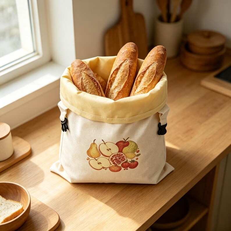 K&ouml;nnte beinhalten: Ein cremefarbener Stoffbeutel f&uuml;r Brot mit hellgelbem Innenfutter und schwarzen seitlichen Schnallen. Die Vorderseite des Beutels zeigt eine aufgedruckte Illustration verschiedener Fr&uuml;chte, darunter eine Birne, Apfelscheiben, ein Granatapfel und Beeren, gef&uuml;llt mit drei Baguettes.