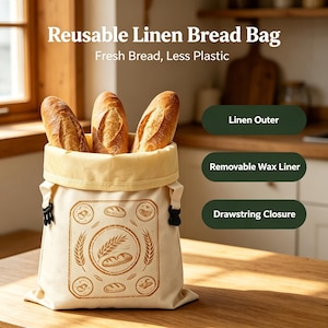 Customized patterns,Double‑Sided Print Linen Bread Bag 43×33cm, Removable Beeswax Liner, Drawstring Buckle