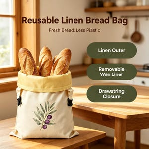 May include: A reusable linen bread bag with a drawstring closure, containing three loaves of bread. The bag is off-white with a printed olive branch illustration, a yellow interior, and a removable wax liner. Text reads: Reusable Linen Bread Bag, Fresh Bread, Less Plastic, Linen Outer, Removable Wax Liner, Drawstring Closure.