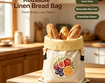 Individuell gestaltete Muster, doppelseitiger Brotbeutel aus Leinen mit frischem Obstkranzmuster und herausnehmbarer Bienenwachs-Einlage, wiederverwendbarer Aufbewahrungsbeutel für Baguette-Sauerteig.