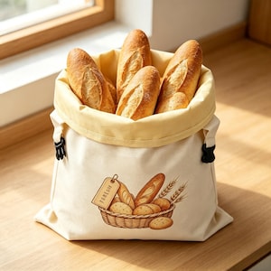 K&ouml;nnte beinhalten: Ein cremefarbener Brotbeutel aus Segeltuch mit hellgelbem Innenfutter und schwarzen seitlichen Schnallen. Die Vorderseite zeigt eine aufgedruckte Illustration eines geflochtenen Korbs mit verschiedenen Broten, Weizen&auml;hren und einem Etikett "PANEGINE".