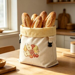K&ouml;nnte beinhalten: Ein cremefarbener Brotbeutel aus Segeltuch mit gelbem Innenfutter und schwarzen seitlichen Schnallen, gef&uuml;llt mit vier goldbraunen Baguettes. Die Vorderseite des Beutels zeigt eine farbenfrohe Illustration verschiedener Fr&uuml;chte, darunter &Auml;pfel, Birnen und ein Granatapfel.