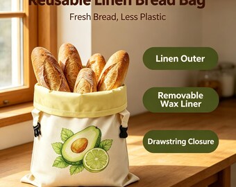 Individuelle Muster, wiederverwendbarer Brotbeutel aus Leinen mit herausnehmbarer Bienenwachs-Einlage, Avocado-Limetten-Print, Zero-Waste-Aufbewahrung für Sauerteig, Brotbeutel mit Kordelzug