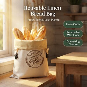 May include: A reusable off-white linen bread bag with a drawstring closure and a removable wax liner. The bag features a brown circular logo with the text "BAAKEEFRY BAKERY" and illustrations of bread loaves. It is filled with four golden-brown baguettes.