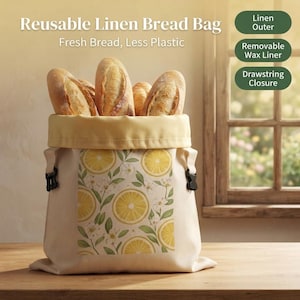 Individuelle Muster, Leinen-Brotbeutel mit Zitronen- und Blumenmuster und herausnehmbarer Bienenwachs-Einlage, plastikfreie Sauerteigaufbewahrung, Landhausstil