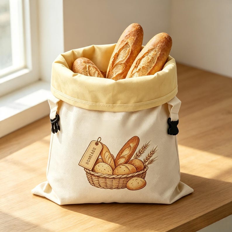 K&ouml;nnte beinhalten: Ein cremefarbener Stoffbeutel f&uuml;r Brot mit hellgelbem Innenfutter und seitlichen Schnallen aus schwarzem Kunststoff. Auf der Vorderseite befindet sich eine grafische Abbildung eines geflochtenen Korbs mit verschiedenen Broten und Weizen&auml;hren sowie einem Etikett mit der Aufschrift HOMEMADE.