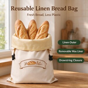 Customized patterns,Linen Bread Bag With Removable Beeswax Liner, Double Sided Bread Banner Print, 43×33cm, Reusable Zero Waste Storage Bag