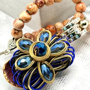 Handcrafted Mussel Shell Keychain Zip Charm with Blue Gemstones and Artisan Beads