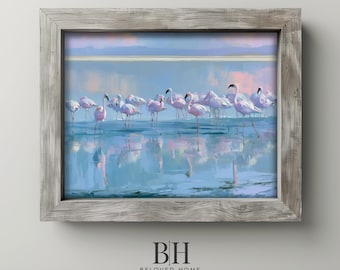 Flamingo Flock Painting, Coastal Water Reflection Printable Wall Art (Digital Download) 124