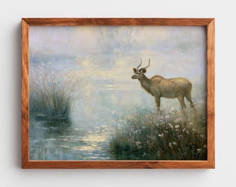 Kudu Antelope Misty Waterway, African Wildlife Conservation Printable Wall Art (Digital Download) 93