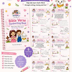 May include: A printable Bible Verse Handwriting Book featuring a spiral-bound cover with illustrations of two children and a lamb. The set includes six pages with tracing exercises, scripture verses, and coloring activities for children to practice writing.