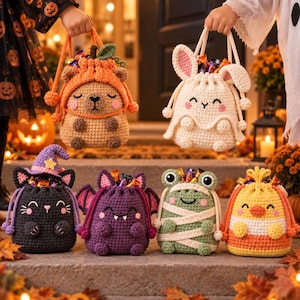 ハロウィンかぎ針編みポーチパターンバンドル、かわいいあみぐるみ巾着袋5種類（PDF）、カエル、コウモリ、ウサギ、ネコ、クマ