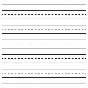 May include: A sheet of white paper featuring black horizontal lines for handwriting practice. The layout consists of repeating sets of three lines, including a solid top line, a dashed middle line, and a solid bottom line for letter formation.