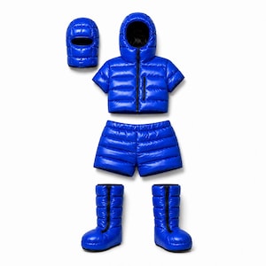 Può includere: Un completo trapuntato blu brillante composto da una giacca con cappuccio a maniche corte con cerniera, pantaloncini abbinati, un passamontagna separato e un paio di stivali trapuntati alti con cerniere frontali e dettagli neri.