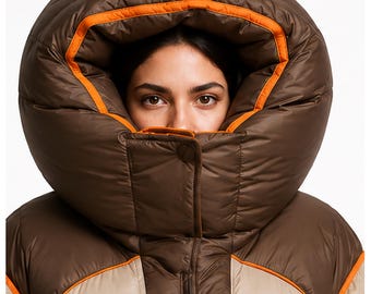 Könnte beinhalten: Eine braun-beige Daunenjacke mit einer übergroßen, gepolsterten Kapuze, die an den Rändern mit leuchtend orangefarbenen Paspeln versehen ist. Die Jacke hat einen hohen Kragen, der das untere Gesicht bedeckt, einen Druckknopf und ein gestepptes Design.