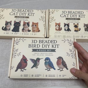 May include: Three rectangular cardboard boxes for DIY craft kits. Two boxes are labelled 3D Beaded Cat DIY Kit, featuring illustrations of four different cats. One box is labelled 3D Beaded Bird DIY Kit, showing illustrations of four different birds.