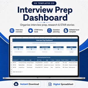 Puede incluir: Un panel de control digital de preparación de entrevistas en formato hoja de cálculo en una pantalla de portátil. La interfaz incluye secciones para resumen de entrevistas, banco de historias STAR, planificación de preguntas y plantilla Excel.