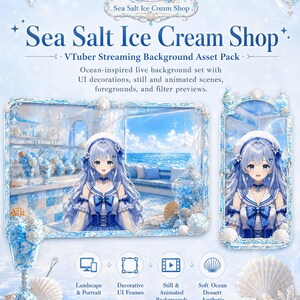 Sea Salt Ice Cream Shop VTuber Background Pack, Animated Ocean Café Scene, UI Frames, Foregrounds, Shoost Filters