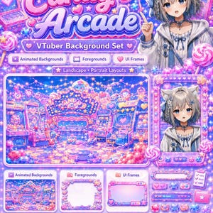 May include: A digital asset set titled Candy Arcade featuring a pink and blue colour palette with arcade machines, lollipops, and stars. Includes animated backgrounds, foregrounds, and UI frames for streaming, showcasing an anime-style character.
