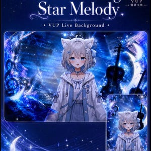 May include: A digital illustration titled Lunar String Star Melody featuring an anime-style character with cat ears, wearing a white and blue jacket. The background displays a dark blue night sky with a crescent moon, musical notes, and a violin.