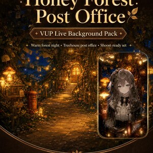 May include: A digital download pack titled Honey Forest Post Office VUP Live Background Pack featuring a warm forest night scene with a treehouse post office, a character illustration, and text indicating it was made with AI assistance.