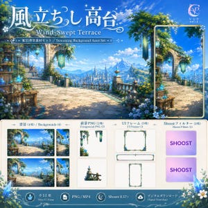 Pode incluir: Um conjunto de ativos digitais intitulado Wind-Swept Terrace, incluindo quatro fundos de terraço de pedra de fantasia, dois elementos PNG de primeiro plano, três molduras decorativas de interface de utilizador e dois filtros Shoost. A imagem mostra um céu azul, montanhas e arquitetura de pedra com flores azuis e lanternas brilhantes.