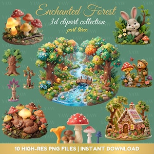 Part Three - 10 Enchanted Forest Clay 3D Clipart, Squirrel, Bears, Gingerbread House, Bunny, ecc. Commercial Use, Digital Download