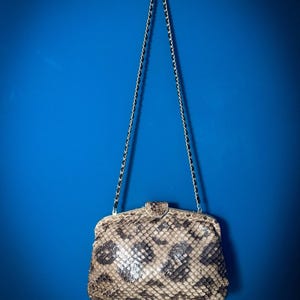 Könnte beinhalten: Eine strukturierte Handtasche mit strukturiertem Schlangenledermuster in Beige-, Braun- und Schwarztönen. Die Tasche verfügt über einen geschwungenen oberen Rahmen mit zentralem Verschluss und einen langen, dünnen Metallkettenriemen zum Tragen.