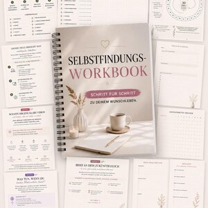 Może przedstawiać: Spiralny zeszyt ćwiczeń do samopoznania z beżową okładką z napisem SELBSTFINDUNGS-WORKBOOK oraz grafiką filiżanki kawy, świecy i suszonej rośliny, otoczony wieloma wewnętrznymi stronami z niemieckim tekstem, listami kontrolnymi i trackerami.