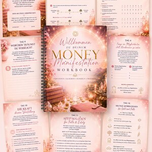 Könnte beinhalten: Ein spiralgebundenes Money Manifestation Arbeitsbuch mit einem rosa-goldenen Einband, der eine Berglandschaft, Kerzen und Kristalle zeigt. Der Titel ist in eleganten Schriftarten gedruckt, umgeben von verschiedenen Innenseiten.
